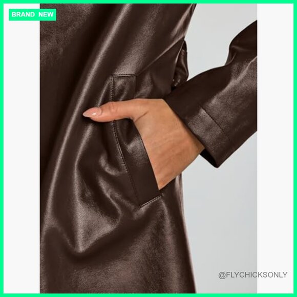 Faux Leather Long Trench Coat with Belt, Open Front, Knee Length - Picture 6 of 6